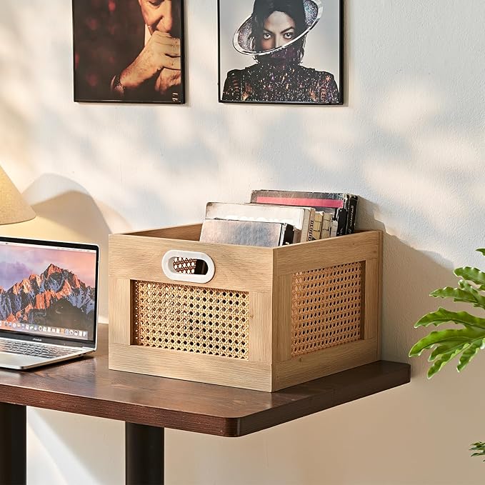 LELELINKY 2 Pack Vinyl Record Storage Crates, Rattan Vinyl Record Holder with Handle, Natural Wood Record Crate for Vinyls Holder up to 75 LP's, Desktop Cube Album Storage for Vinyls Records