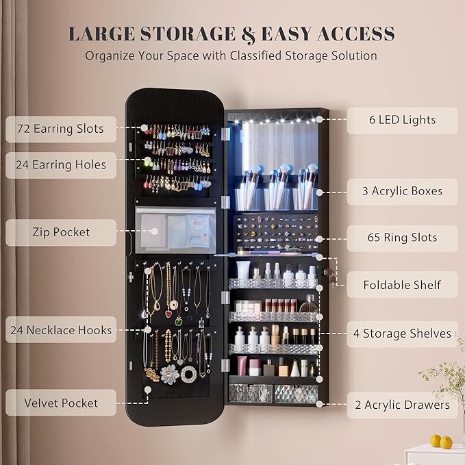Vlsrka 6 LEDs Mirror Jewelry Cabinet Door Hanging, 47.2" Wall Mounted Jewelry Cabinet, Lockable Full Length Mirror with Storage, Rounded Corner Mirror Jewelry Organizer, 2 Drawers, Black