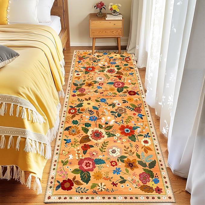 RELEANY Floral Nursery 2x8 Area Rugs Washable Print Boho Cute Carpet Non Slip Flower Low Pile for Living Room Kids Girls Playroom Bedroom Kitchen Office Farmhouse-Yellow/Orange