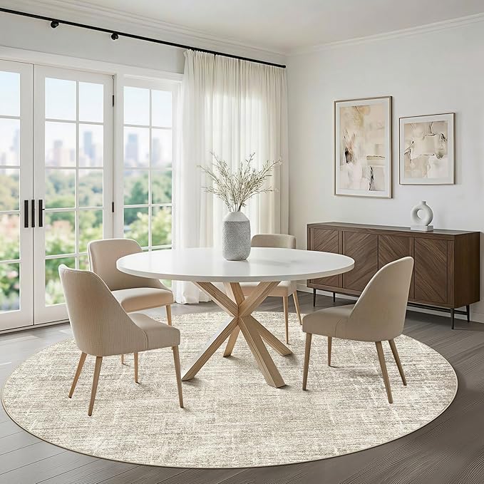 6ft Round Rug Living Room: 6x6 Washable Large Neutral Brown Circle Area Rug Abstract Soft Modern Stain Resistant Indoor Floor Non-Slip Carpet for Bedroom Nursery Kids Office Playroom Dining Room
