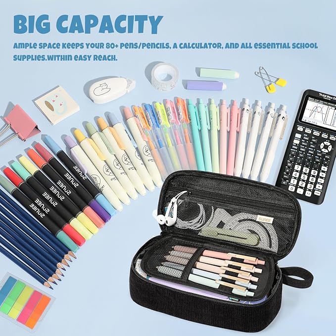 SUNEE Cute Pencil Case, Large Capacity Pencil Pouch Aesthetic Zipper Pencil Bag, Big Storage Pen Organizer for Stationery, Soft Corduroy Pencil Box Back to School Supplies for Teen Girls Boys, Black