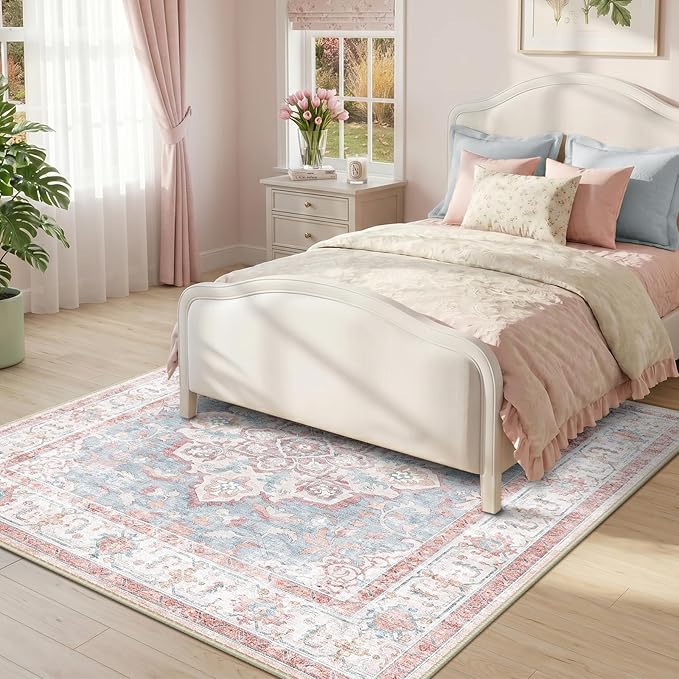 CAPALOCA Machine Washable Rugs Nursery Rug Sq4ft Cute Girl Non Slip Low Pile Water Repellent Soft Print Pattern for Bedroom Indoor Decor Kids Playroom Pink Blue