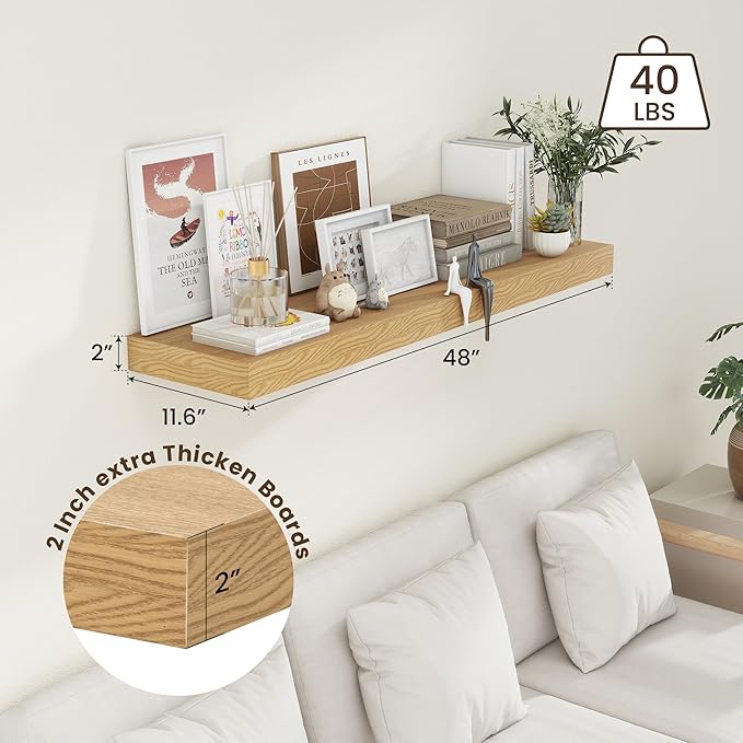 FLYJOE 48 Inch Oak Floating Shelf | 12 Inch Deep Floating Shelves Set of 1 | 48" D x 12" D Rustic Wood Shelves for Wall | Deep Oak Shelves for Living Room Bathroom Laundry Room Kitchen