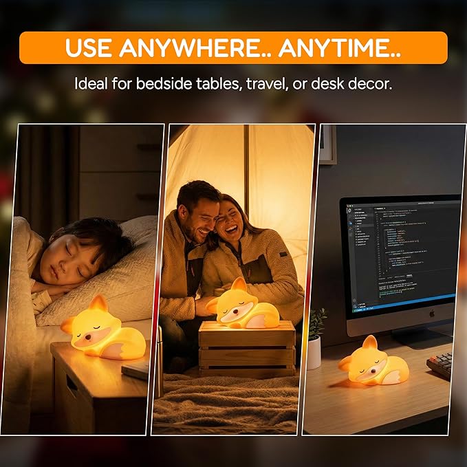 Cute Fox Night Light for Kids, Silicone Baby Nursery Night Light, Rechargeable Touch Lamp with Timer & Dimmable Warm Light for Bedroom Decor, Cute Animal Lamp