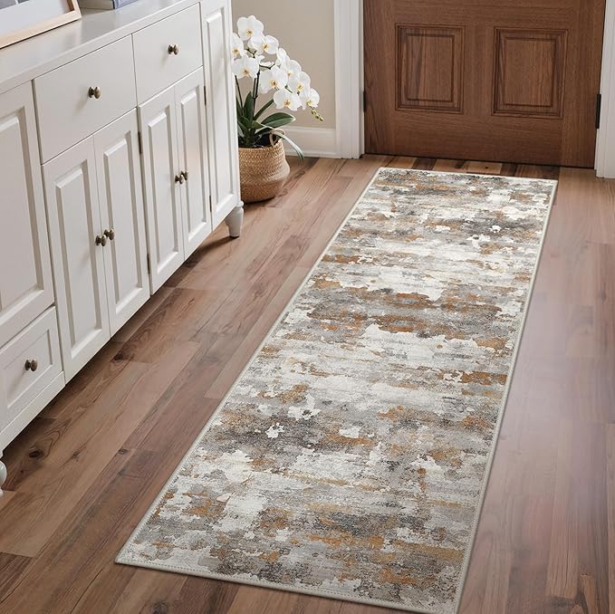 GENIMO Washable Rugs 2x8 Runner Rugs for Hallway Kitchen, Modern Lightweight Rug Ultra Soft Indoor Runner Rugs for Entryway, Low Pile Carpet with Non Slip Backing, Grey Brown Beige