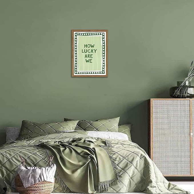 How Lucky Are We Wall Art, Vintage Green Inspirational Canvas Wall Decor Painting, Trendy Preppy Stripe Quotes Posters Prints Pictures for Bedroom Dorm Apartment Decor 16x24 Inch Framed