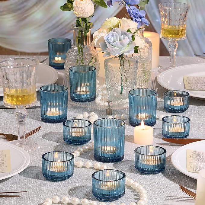 NITIME 10pcs Ribbed Blue Votive Candle Holders, Assorted Tea Light Candle Holder Glass, Blue Candle Holders for Table Centerpiece, Wedding Table Settings and Party Decorations