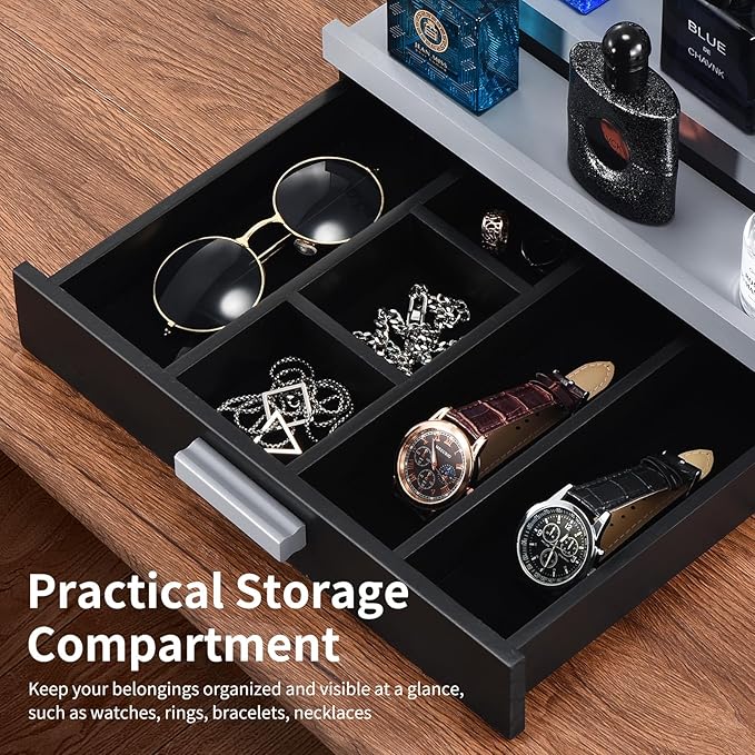 Perfume Organizer for Men, 4 Tier Wood Perfume Display Stand with Velvet Lining Drawer and Hidden Compartment for Watch,Jewelry,Perfume Display Risers,A Gift for Men (Black+Gray)