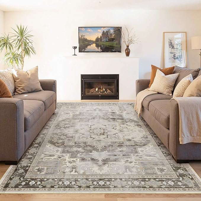 Rugxara 5X7 Washable Area Rug for Living Room, Vintage Large Boho Rugs for Office, Dining Room, Kids Room, Farmhouse, Durable Low Pile Non Slip Carpet for High Traffic Areas, Brown