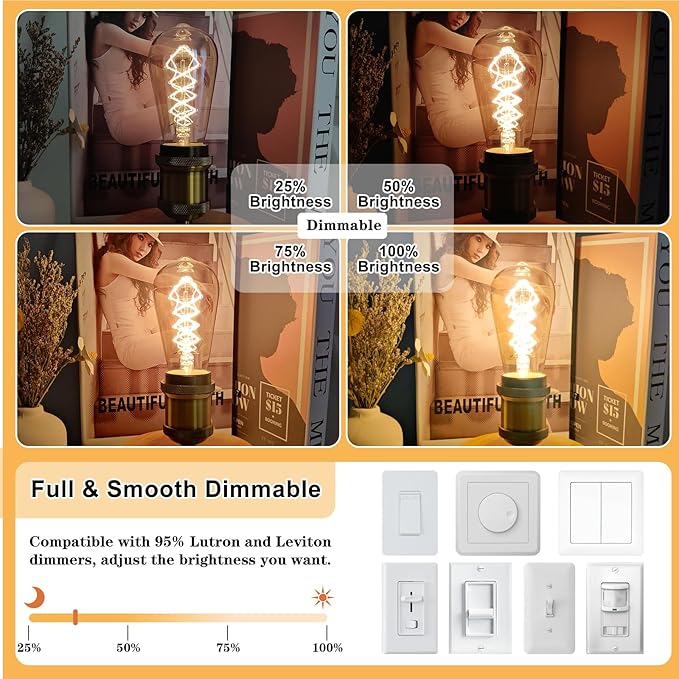 Dimmable E26 LED Edison Bulbs 60 Watt Equivalent, 6W LED Vintage Edison Amber Warm Light Bulbs 2200K, 4 Pack ST58 Antique Decorative Light Bulbs for Farmhouse, Industrial, Modern Light fixtures, CRI90