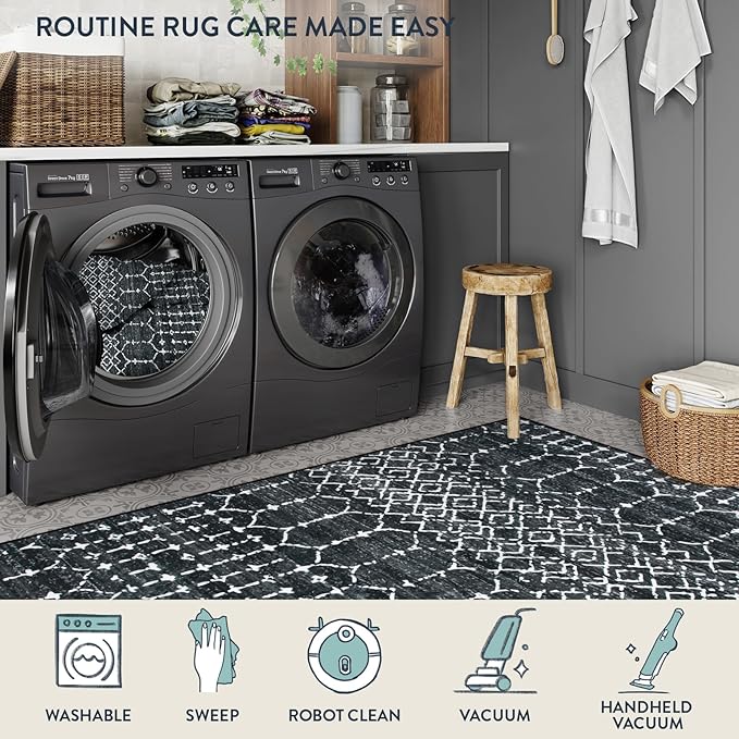 Lahome Moroccan Black Area Rugs 8x10 Living Room Non-Slip Backing Ultra-Thin Large Rug Throw Stain Resistant Dining Room Rugs for Under Table, Geometric Print Modren Soft Rug for Bedroom Office Hana