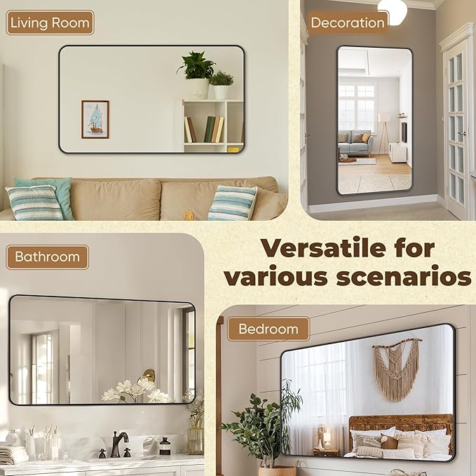 Antok 60x30 Black Metal Framed Bathroom Mirror, Wall Mirror with Round Corners, Vanity Mirror for Over Sink, Anti-Rust Tempered Glass, Horizontal/Vertical Hanging for Bathroom, Living Room, Entryway
