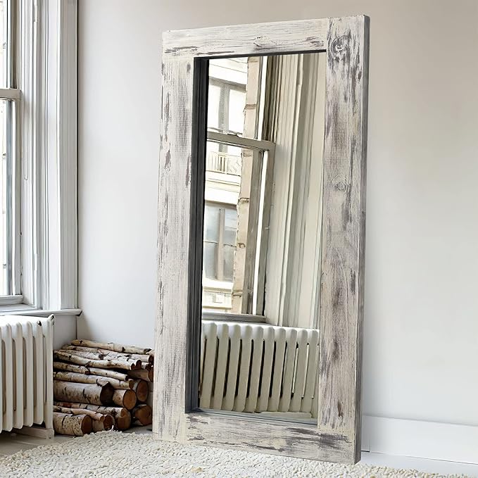 NeuType Floor Mirror Full Length, 71x32in Rustic Wood Frame Full Body Dressing Mirror, Wall-Mounted or Leaning Against Wall Standing Mirror, Farmhouse Decor for Bedroom Living Room,Retro White