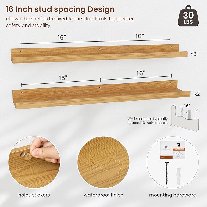 Axeman 30 Inch Floating Shelves | Oak Picture Ledge Shelf Set of 4 | Rustic Wood Wall Shelves with Lip | 30" Oak Picture Shelf for Wall with Ledge | Photo Shelves