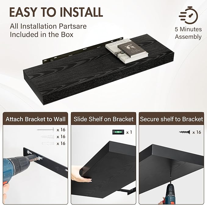 Acovy 36 Inch Floating Shelves, 12" Deep Floating Shelf Wall Mounted, 36" Wall Shelves, Rustic Deep Bookshelf, Extra Deeper & Thicker Display Shelves for Bedroom, Living Room, Black, Set of 2