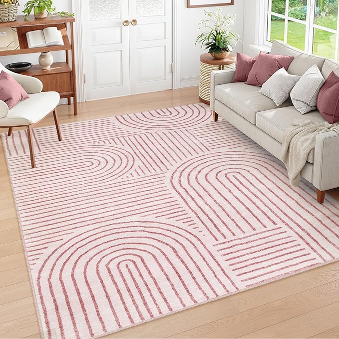 Lahome Abstract 6x9 Area Rugs, Soft Pink Rugs for Bedroom Girls, Ultra-Thin Non Slip Washable Throw Large Carpet for Living Room Dining Room Office Darrell (6'x9',Pink)