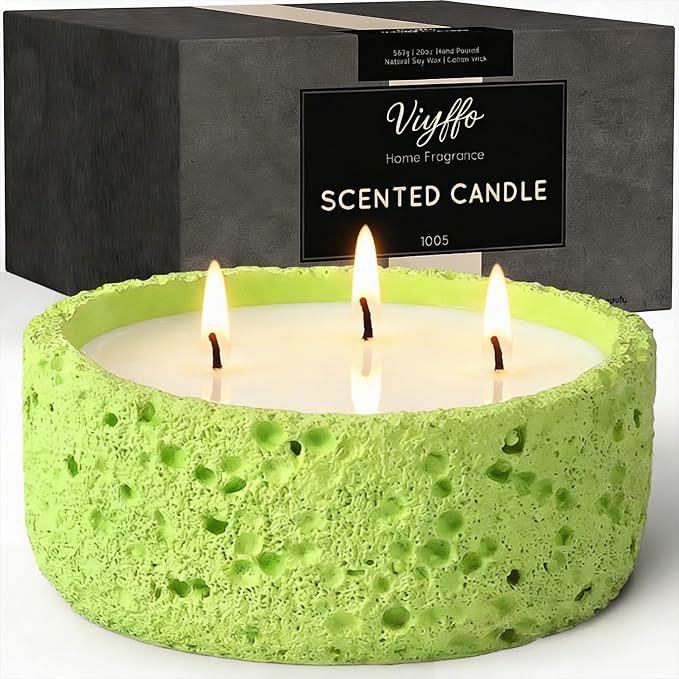 Viyffo 20oz Large Scented Candle - Sage & Bergamot, 3 Wick Home Scented Candle, Non Toxic Soy Candle for Women and Men, Lemon Green Textured Ceramic Jar, Luxury Fragrance, Modern Home Décor & Gift