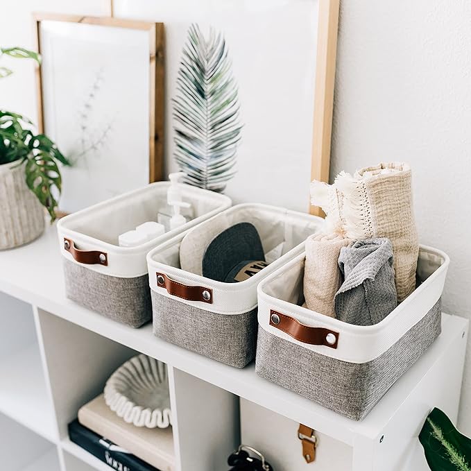 OrganiHaus Small Fabric Storage Baskets 6 Pack, 12x8in Cloth Storage Bins for Shelves, Small Baskets for Organizing Pantry Closet, Canvas Shelf Baskets, Gray/Off-White