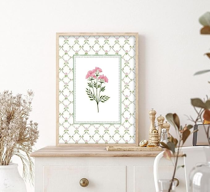 3Pcs Pink Green Floral Wall Art Wildflower Baby Room Painting Picture Wall Decor Pastel Botanical Poster Print Artwork for Bedroom Living Room Girls Bedroom Nursery Dining Room Home Decoration