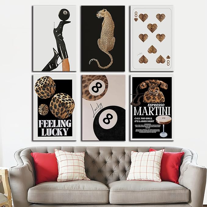 ZxXzkwpP Black Cheetah Print Room Decor Poster, Trendy Red Fashion Leopard Print Wall Art Aesthetic Lucky 8 Ball Poster Coquette Preppy Y2k Red Funky Art For Bedroom (Black 12x18x6 Framed)