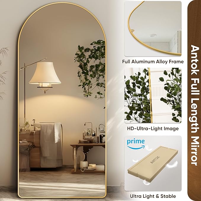 Antok Full Length Mirror, 71"x32" Floor Mirror with Stand, Hanging Mounted Mirrors for Bedroom, Living Room, Cloakroom, Dining Room, Gold, Arch
