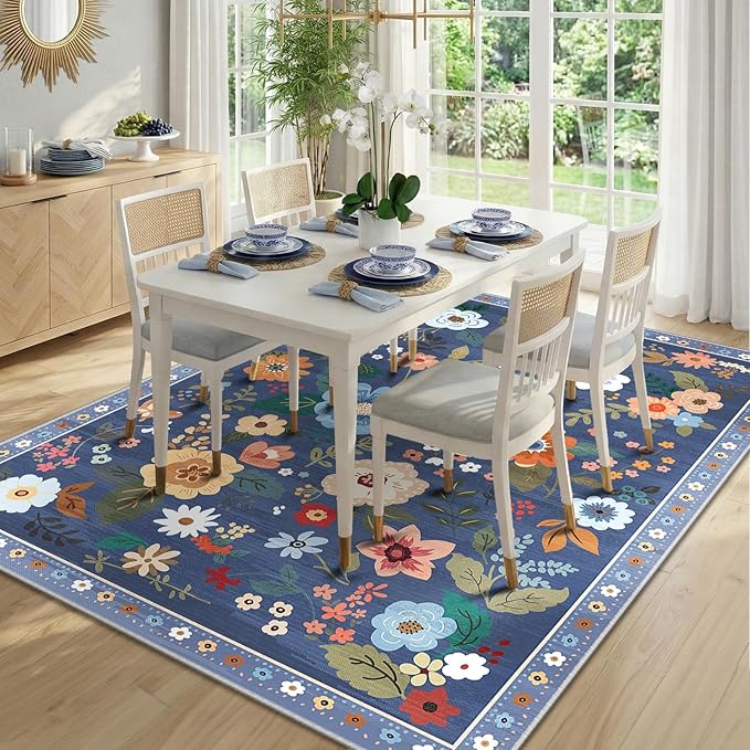 RELEANY Floral Nursery 9x12 Area Rugs Washable Print Boho Cute Carpet Non Slip Flower Low Pile for Living Room Kids Girls Playroom Bedroom Kitchen Office Farmhouse-Blue/Grey