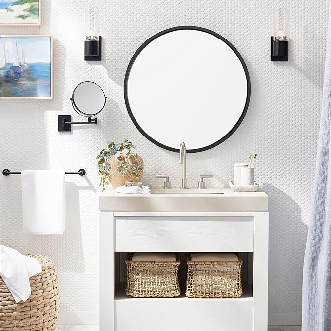 G-LEAF Black Round Mirror 24 inch, Circle Mirror for Bathroom, Entryway, Vanity, Living Room, Round Bathroom Mirror for Wall