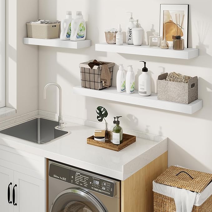 fuqing Floating Shelves for Wall, Wall Mounted Wood Floating Shelf with Invisible Brackets for Living Room, Bathroom, Bedroom, Kitchen Storage and Decor, 20 Inch Set of 2, White