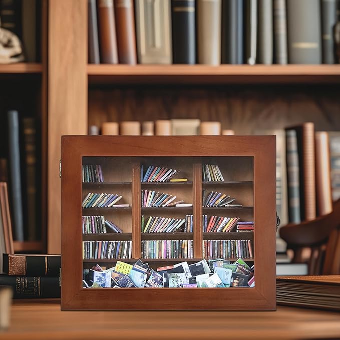 Anxiety Mini Bookshelf Mini Books with 300PCS Mini Bookshelf Shake Away Your Anxiety Wooden Miniature Book Library for Stress Relief, Home and Office Decor, Unique Gift for Book Lovers-Brown