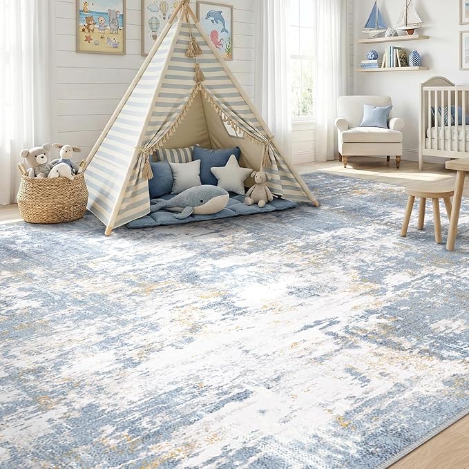 RELEANY Washable Area Rugs 9'x12' Non-Slip Modern Abstract Soft for Living Room Entryway Bedroom Nursery, Print Pattern, Light Blue