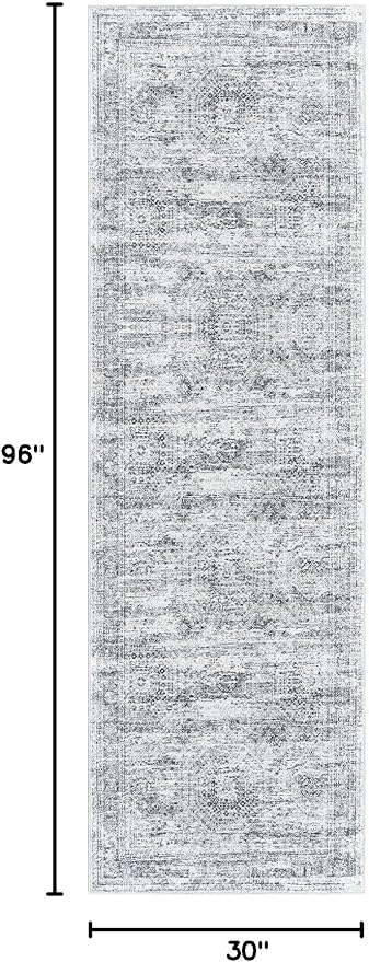 Soalmost Washable Runner Rug, 2'6" x 8' Non-Slip Kitchen Vintage Foldable Hallway Runners for Entryway, Laundry, Bedroom, Grey