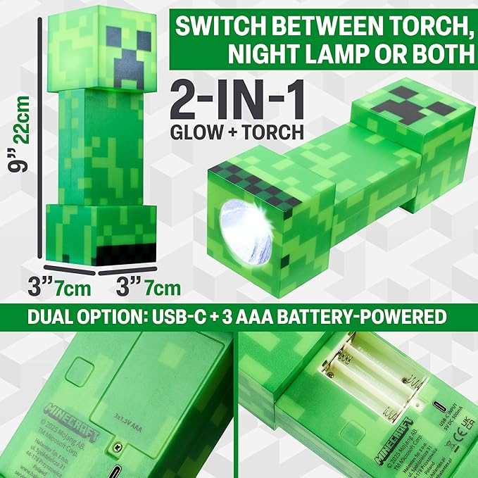 Minecraft Creeper Torch Night Light for Kids, 2-in-1 Flashlight and Lamp with USB and Battery Power, Bedroom Decor, Desk Light, Gamer Gifts for Boys