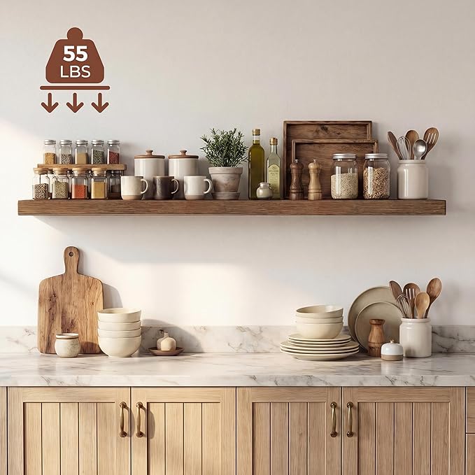 Dreamland 48 Inches Floating Shelves for Wall, 9.3" Deep Long Floating Shelves Set of 1, Large Display & Storage Shelf, Wall Shelf for Bathroom Bedroom Living Room Kitchen Office, Walnut