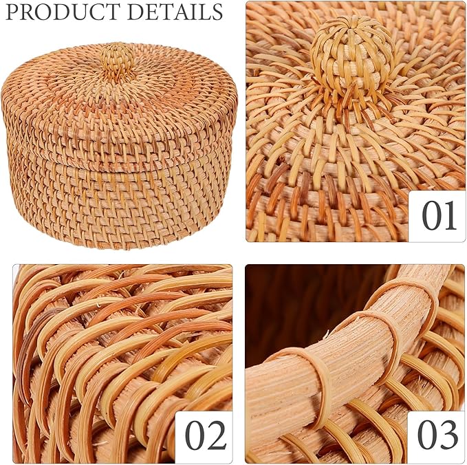 ULTNICE Round Rattan Storage Box with Lid - Hand Woven Rattan Basket for Desktop or Decorative Use