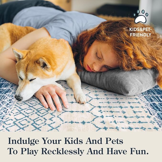 Lahome Moroccan Washable Blue Runner Rug 2x6 Rug Runners for Hallways Non Slip Throw Stain Resistant Kitchen Runners, Geometric Print Distressed Indoor Floor Rug for Entryway Bathroom Bedroom Hana
