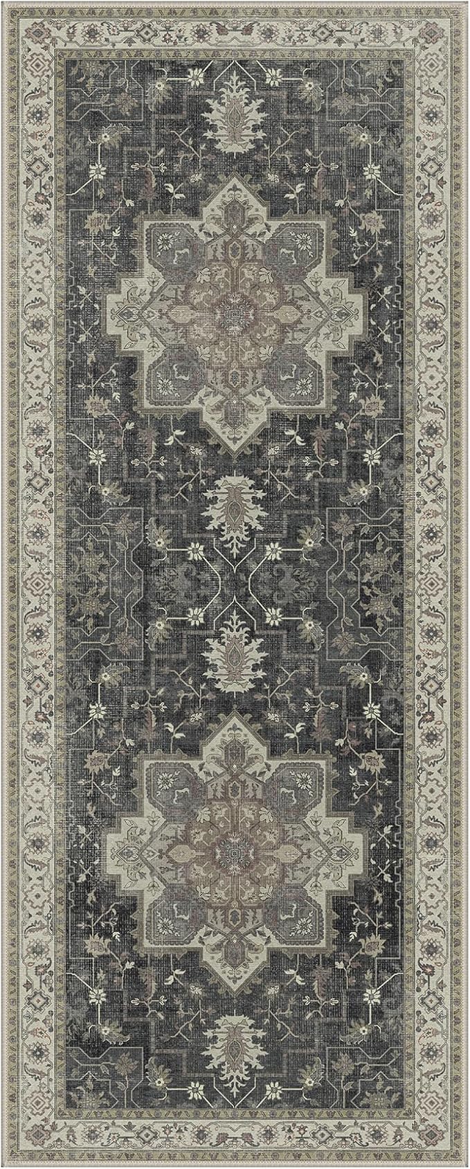 GENIMO 2x10 Runner Rugs for Hallway, Machine Washable Non Slip Vintage Rugs, Low Pile Lightweight Soft Print Rug for enrtyway, Corridor, Home, Office, Kitchen, Muted Charcoal Beige