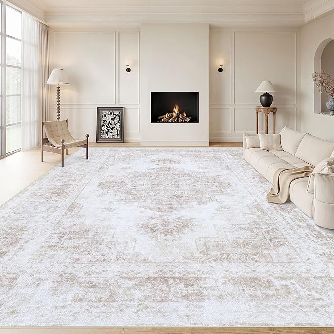 XLUEZ Area Rug 8x10 Living Room Rug, Machine Washable Vintage Distressed Medallion Rug Non-Slip Soft Low Pile Large Indoor Rugs for Bedroom Dining Room Office Children's Room (Beige,8'x10')