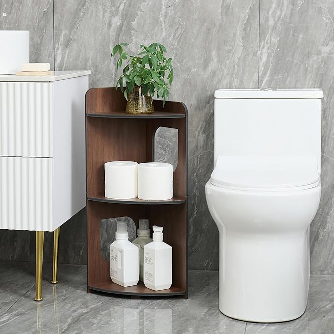 Corner Shelf, 3-Tier Storage Organizer, Bathroom Corner Organizer Perfect for Small Space, Waterproof Toilet Paper Stand (Walnut Wood)
