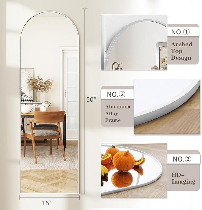 Door Mirror, Arched Full Length Mirror Over The Door, 16"x 50" Hanging Mirrors, Wall Mirrors,White