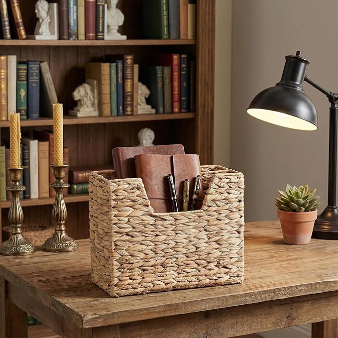 Water Hyacinth Magazine Basket, Dual Compartment Storage Basket with Handle, Natural Fiber Wicker Storage Baskets for Shelves Home Organization & Office Organizer