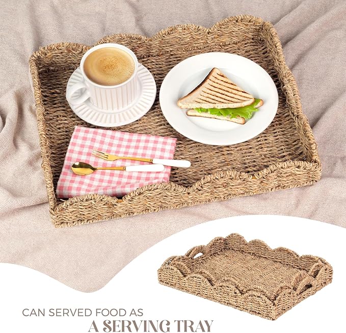 Scalloped Seagrass Tray, Hand-Woven Wicker Storage Baskets with Scalloped Edge and Handles (17x13x3in) Rectangular Handwoven Trays, Seagrass Basket for with Built-in Handles (Dark Brown)
