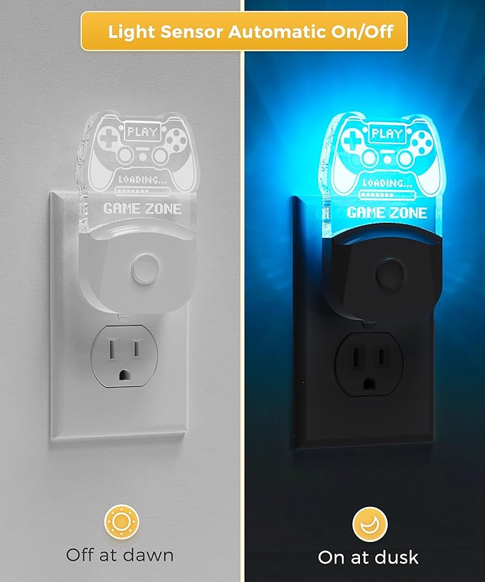 L LOHAS LED Game Sign Gamepad Shape Night Light, Plug in Night Light with Multi Color Personalized, Dusk to Dawn Sensor, Ideal for Boys, Game's Room Decor, Bedroom[2 Pack]