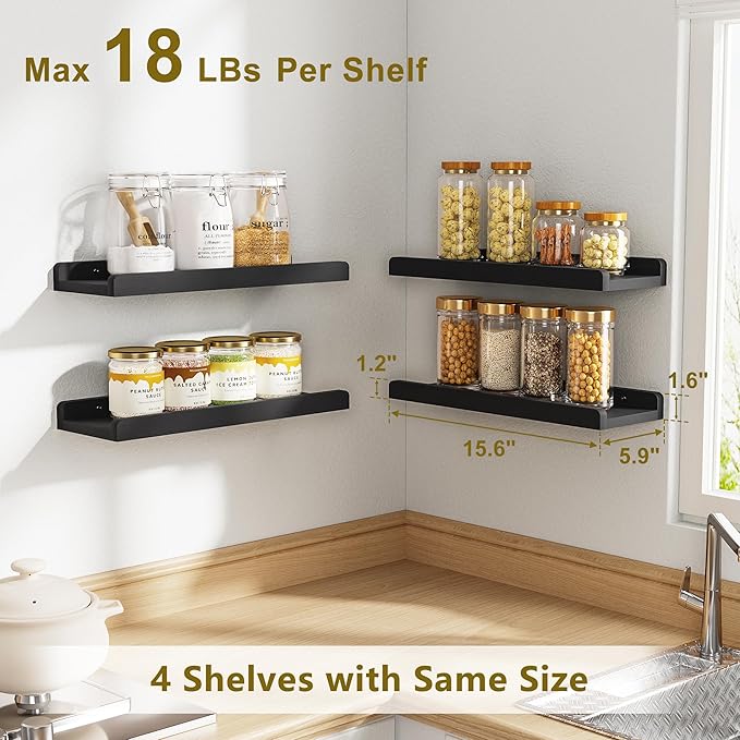 Love-KANKEI Black Floating Shelves for Wall Set of 4, Wood Wall Shelves with Lip,15.6 Inch Rustic Hanging Shelves for Bedroom Bathroom Living Room Kitchen Nursery Display