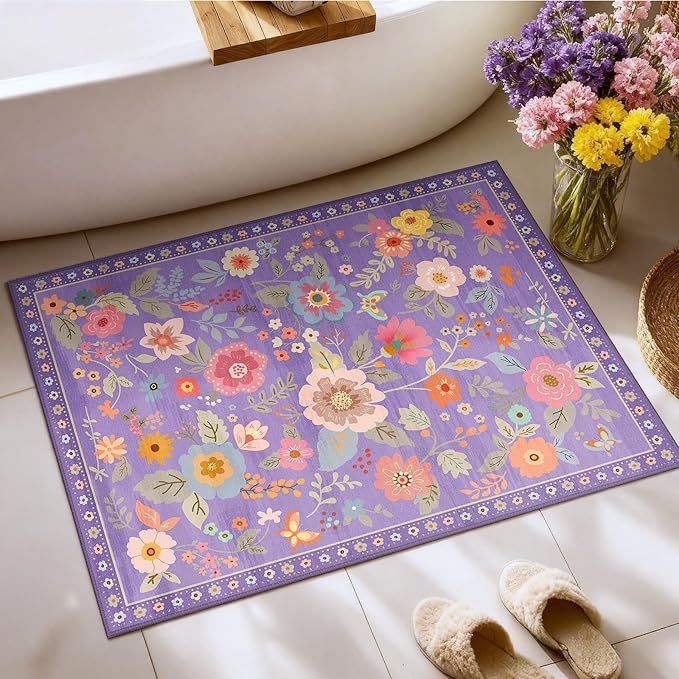 RELEANY Floral Nursery 2x3 Area Rugs Washable Print Boho Cute Carpet Non Slip Flower Low Pile for Living Room Kids Girls Playroom Bedroom Kitchen Office Farmhouse-Purple/Pink/Multi