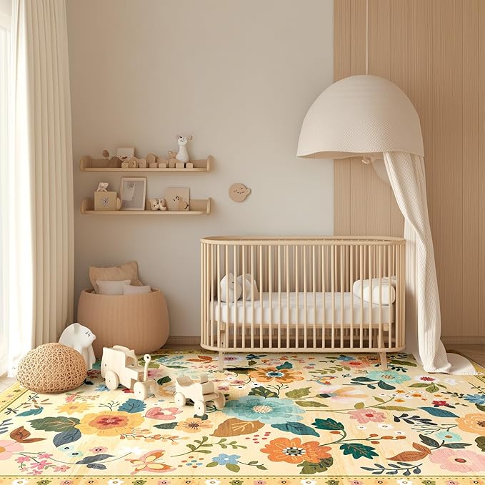 RELEANY Floral Nursery 9x12 Area Rugs Washable Print Boho Cute Carpet Non Slip Flower Low Pile for Living Room Kids Girls Playroom Bedroom Kitchen Office Farmhouse-Ivory/Yellow