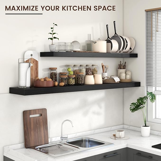 Venusmiles Floating Shelves for Wall 55 inch Long, Engineered Wood Large Wall Shelves with Invisible Brackets for Living Room Bedroom Bathroom Office Kitchen Decor and Storage, Black Finish, Set of 1