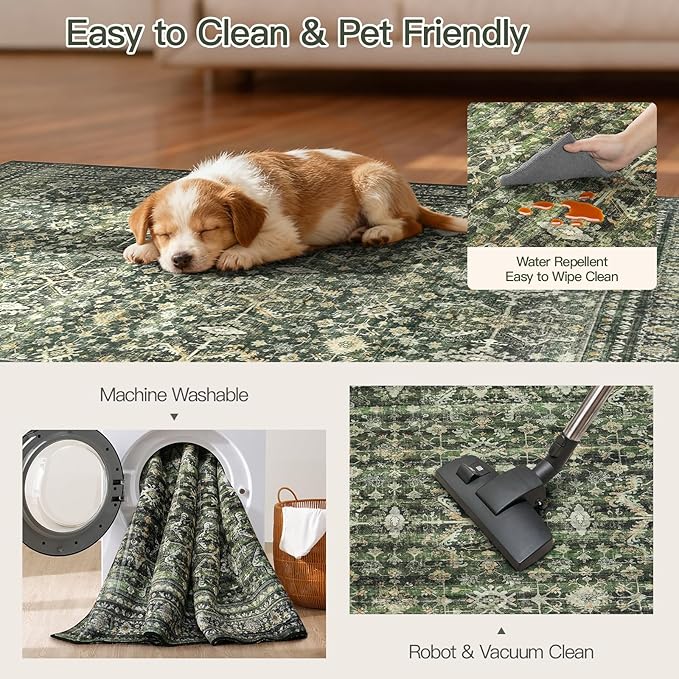 Lofus 2x5 Area Rug for Hallways,Green Washable Runner Rugs with Non Slip Rubber Backing, Low Pile Soft Carpet Runner for Kitchen Bathroom Bedroom Laundry