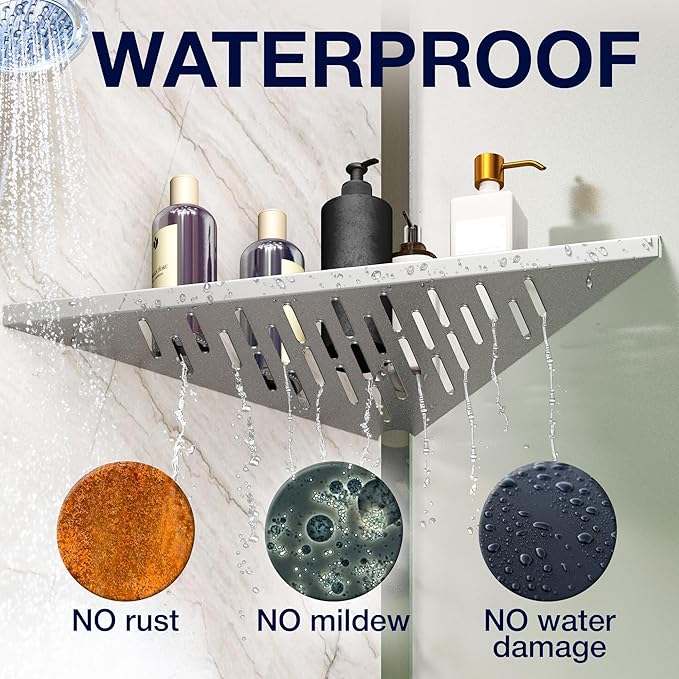 Corner Caddy Bathroom Shower Shelf - Adhesive / Drill / No Drill Shelves - 16" Strong Corner Silver Floating Shower Shelves - Triangle Shelf Bathroom Shower for Inside Shower, Tiled Wall, Caddies