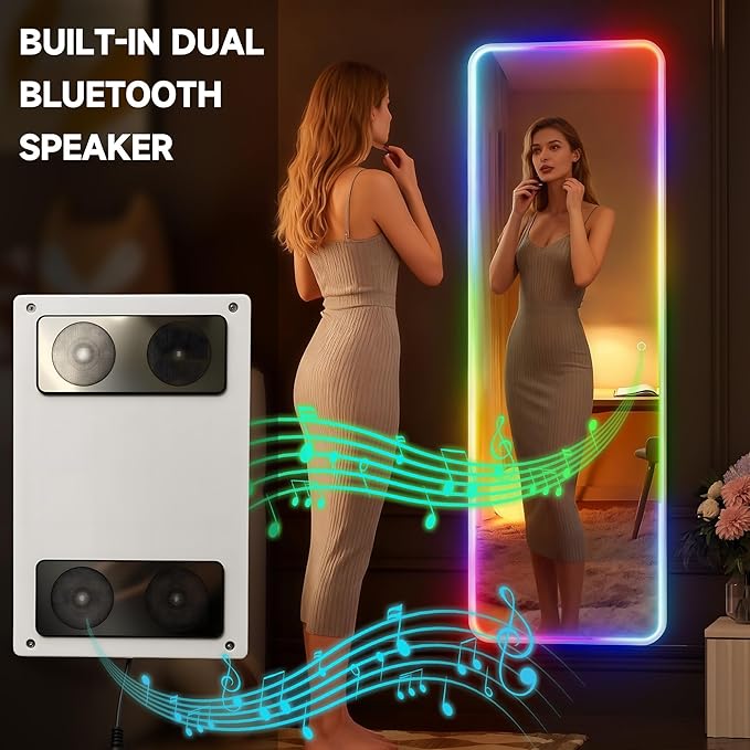 Hasipu 51"x18" LED RGB Door Mirror Full Length with Bluetooth Speaker, Full Body Full Length Over The Door Mirror with Lights, Door Hanging & Wall Mounted Mirror for Bedroom, Living Room, Cloakroom