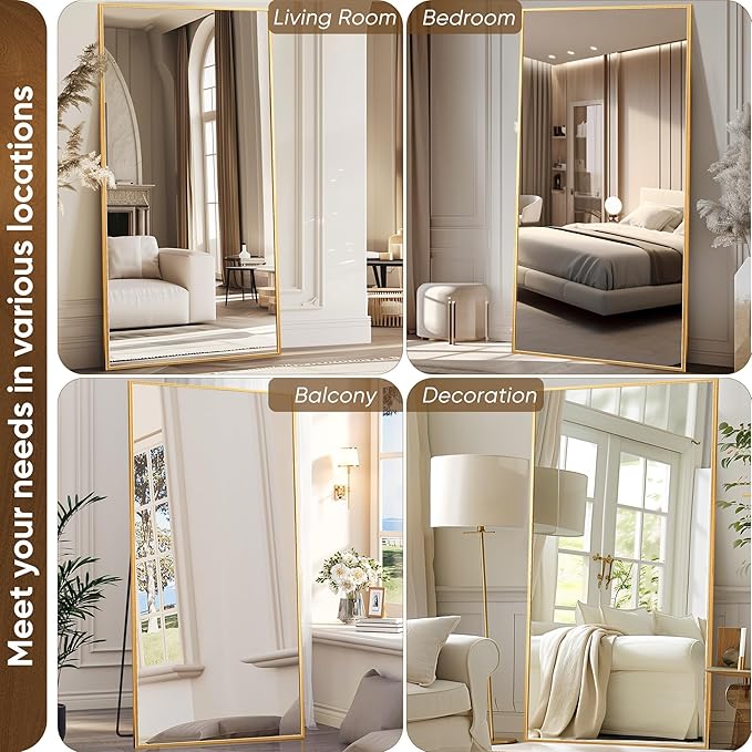 Antok Full Length Mirror, 46"x90" Floor Mirror with Stand, Hanging Mounted Mirrors for Bedroom, Living Room, Cloakroom, Dining Room, Gold, Rect